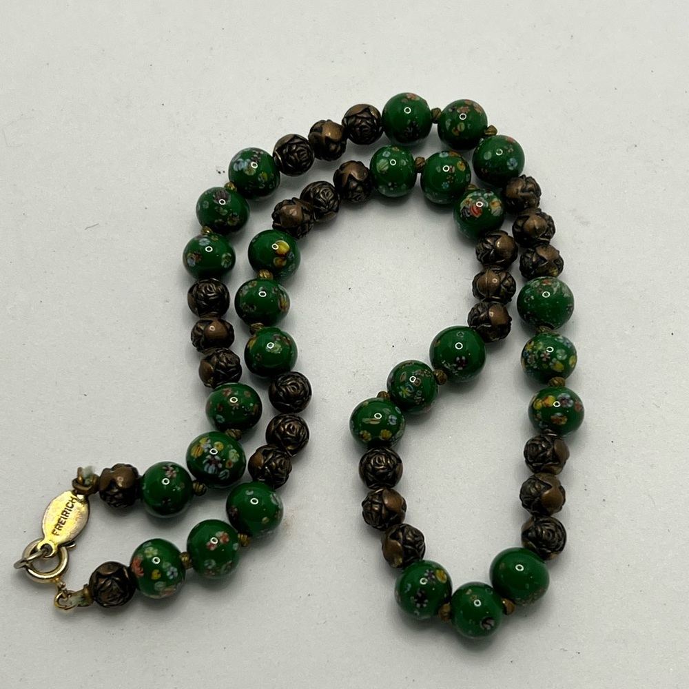Signed Freirich Green Cloisonné Colored Glass  & Rose Beaded Vintage Necklace